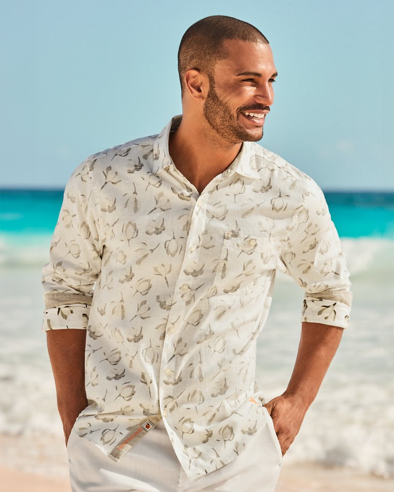 Barbados Breeze Magnolia Blooms Stretch Linen Shirt